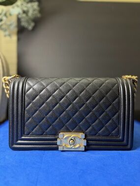 Authentic Chanel Boy Quilted Bag, Black Caviar Leather with Gold Hardware